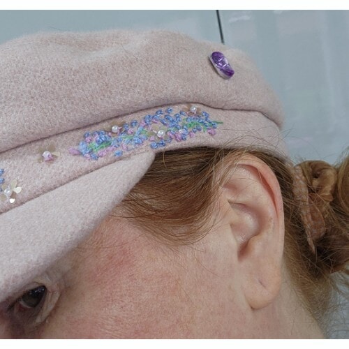 Pale Pink Cap, hand embroidered with flowers and leaves, embellished with sequins and beads - Image 3
