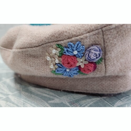 Pale Pink Cap, hand embroidered with flowers and leaves, embellished with sequins and beads - Image 7