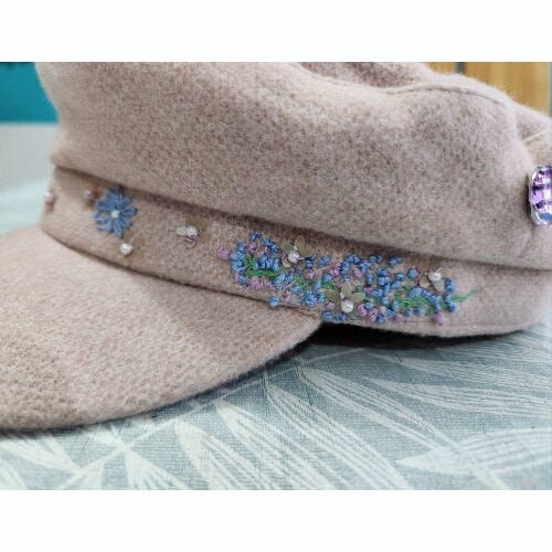 Pale Pink Cap, hand embroidered with flowers and leaves, embellished with sequins and beads - Image 5