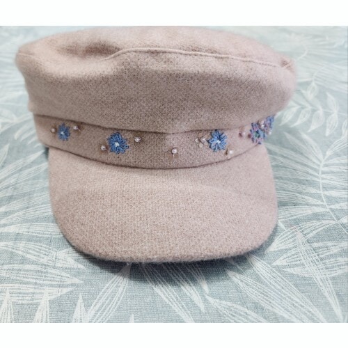 Pale Pink Cap, hand embroidered with flowers and leaves, embellished with sequins and beads - Image 4