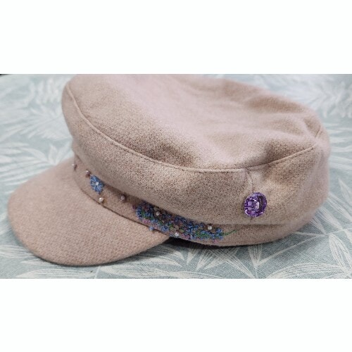 Pale Pink Cap, hand embroidered with flowers and leaves, embellished with sequins and beads - Image 6