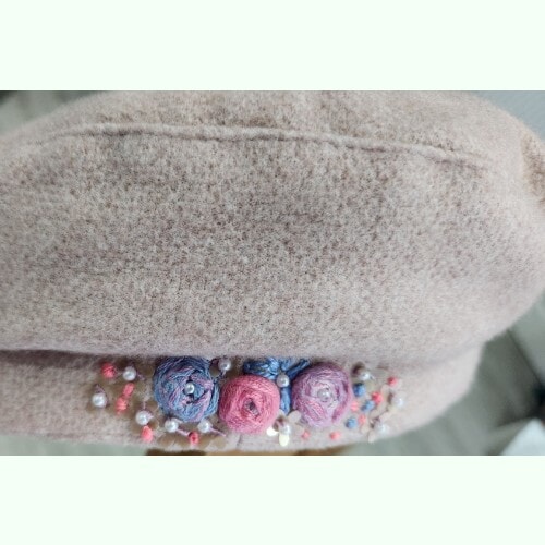 Pale Pink Cap, hand embroidered with flowers and leaves, embellished with sequins and beads - Image 8