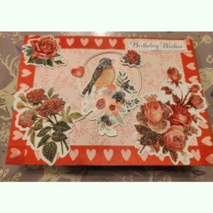 Pretty Ladies Birthday Card with hearts, birds and roses, 15 by 13 cm