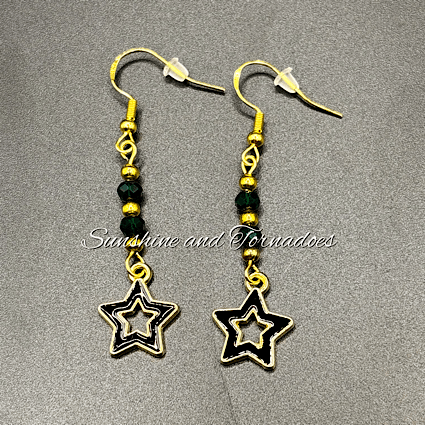 Handcrafted Drop Earrings with deep green czech crystal beads and 18k Gold Filled Star charms. Sparkly Earrings. - Image 6