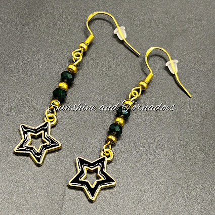 Handcrafted Drop Earrings with deep green czech crystal beads and 18k Gold Filled Star charms. Sparkly Earrings.