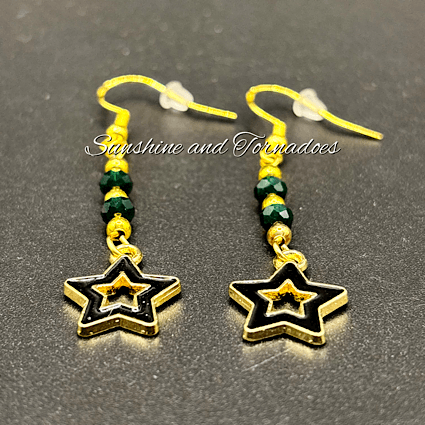 Handcrafted Drop Earrings with deep green czech crystal beads and 18k Gold Filled Star charms. Sparkly Earrings. - Image 4