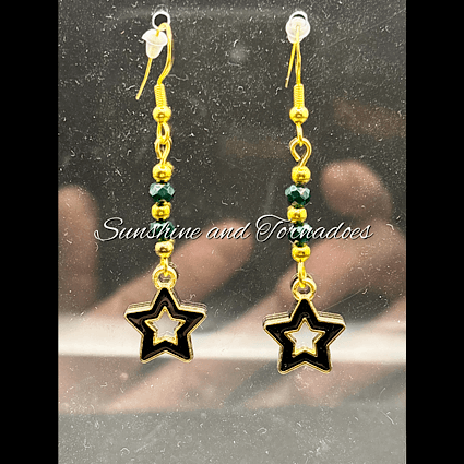 Handcrafted Drop Earrings with deep green czech crystal beads and 18k Gold Filled Star charms. Sparkly Earrings. - Image 3