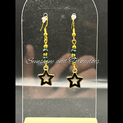 Handcrafted Drop Earrings with deep green czech crystal beads and 18k Gold Filled Star charms. Sparkly Earrings. - Image 2