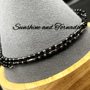 Black Glass Beaded Cuff Bracelet, Elegant Memory Wire Bracelet, Silver Bugle Bead Bracelet, Handmade Stack Bracelet, Gift for Her