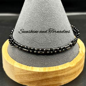 Black Glass Beaded Cuff Bracelet, Elegant Memory Wire Bracelet, Silver Bugle Bead Bracelet, Handmade Stack Bracelet, Gift for Her