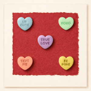 Handmade cream square greeting card with a torn red sugar paper centre, decorated with five colourful polymer clay heart grounding stones arranged in the corners and centre.