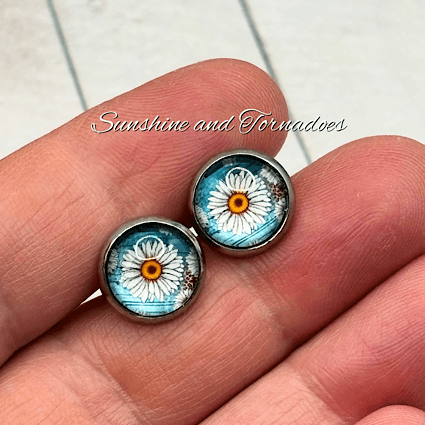 Handcrafted Glass Cabochon Earrings - Daisies on blue background. Floral Stud Earrings. - Image 8