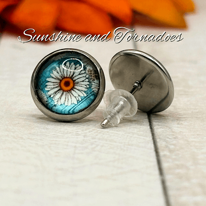 Handcrafted Glass Cabochon Earrings - Daisies on blue background. Floral Stud Earrings. - Image 5