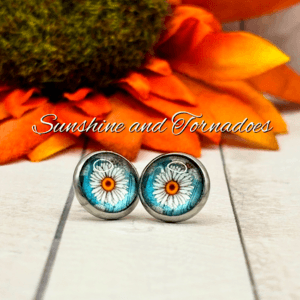Handcrafted Glass Cabochon Earrings – Daisies on blue background. Floral Stud Earrings.