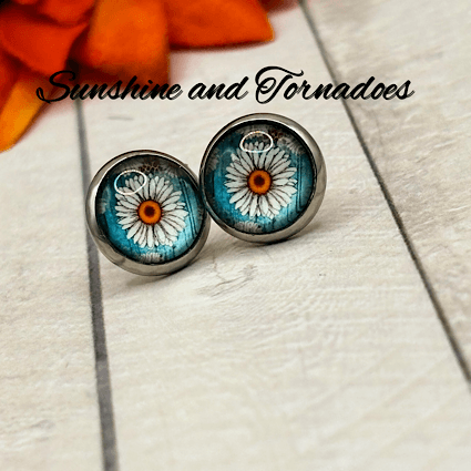 Handcrafted Glass Cabochon Earrings - Daisies on blue background. Floral Stud Earrings. - Image 4