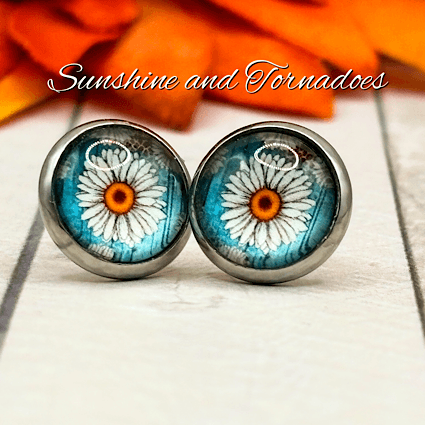 Handcrafted Glass Cabochon Earrings - Daisies on blue background. Floral Stud Earrings. - Image 3