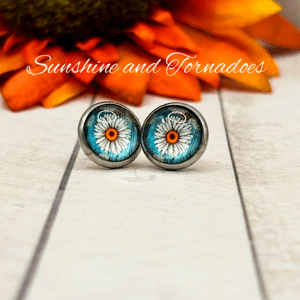 Handcrafted Glass Cabochon Earrings – Daisies on blue background. Floral Stud Earrings.