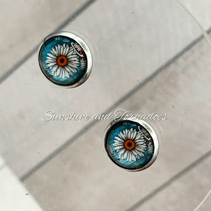 Handcrafted Glass Cabochon Earrings - Daisies on blue background. Floral Stud Earrings. - Image 7