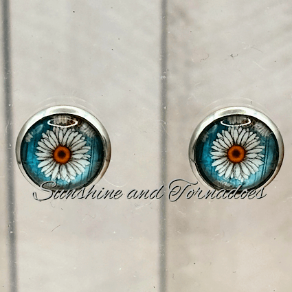 Handcrafted Glass Cabochon Earrings - Daisies on blue background. Floral Stud Earrings. - Image 6
