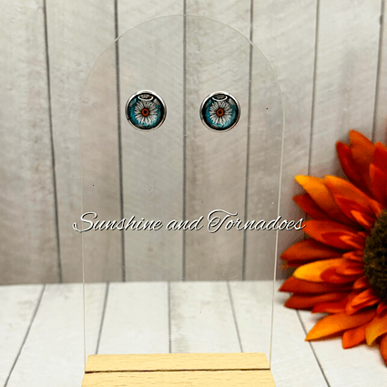Handcrafted Glass Cabochon Earrings - Daisies on blue background. Floral Stud Earrings. - Image 9