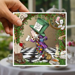 Hatter card held in front of teaparty table