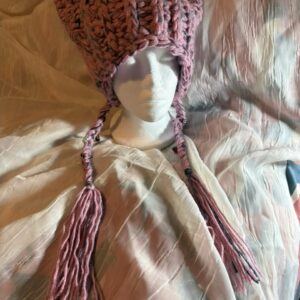 Anti-Valentine Cat Ear Beanie Hat – Dusky Pink Crochet Hat With Braids And Charms