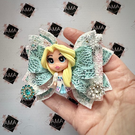 Snowflake and Blue Glitter Ice Princess Hair Bow for Girls - Image 2