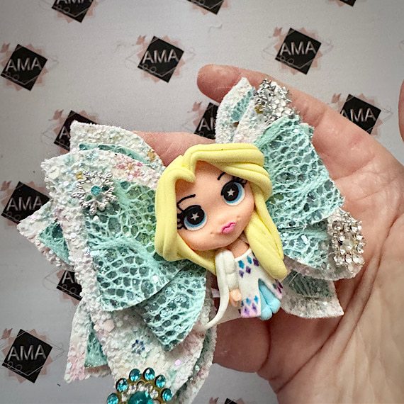 Snowflake and Blue Glitter Ice Princess Hair Bow for Girls - Image 3