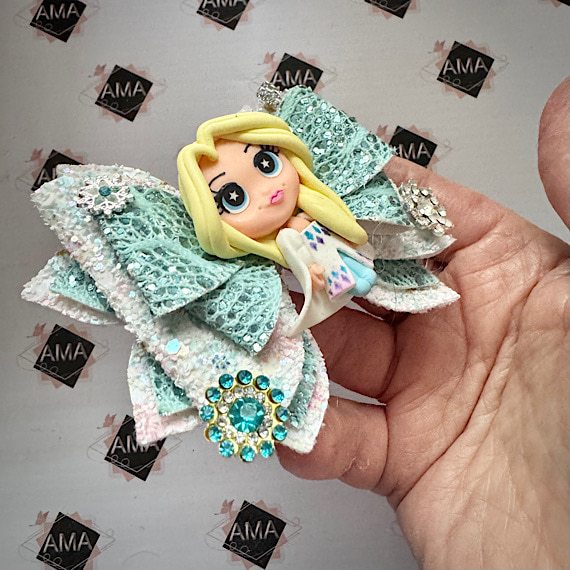Snowflake and Blue Glitter Ice Princess Hair Bow for Girls - Image 4