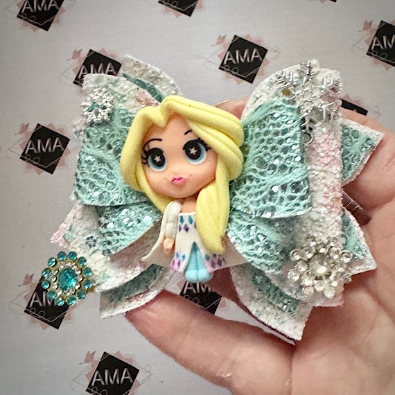 Snowflake and Blue Glitter Ice Princess Hair Bow for Girls - Image 5
