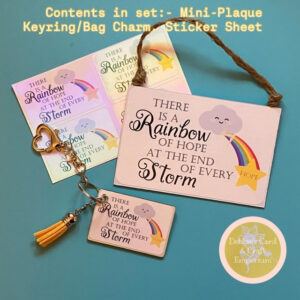 Rainbow quote Kindness Set. Mini-Plaque, Keyrings/Bag Charm and Sticker Sheet.