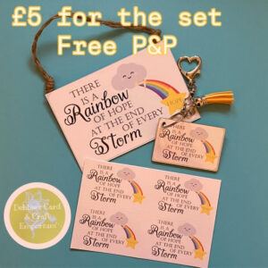 Rainbow quote Kindness Set. Mini-Plaque, Keyrings/Bag Charm and Sticker Sheet.