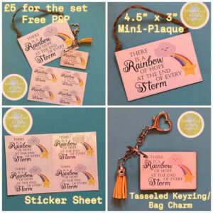 Rainbow quote Kindness Set. Mini-Plaque, Keyrings/Bag Charm and Sticker Sheet.