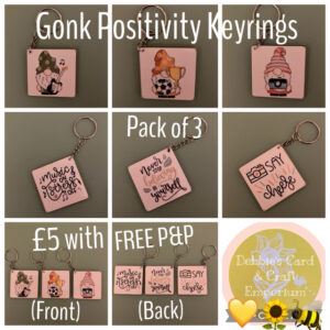 Gorgeous Gonks Positivity/Kindness Keyrings – set of 3.