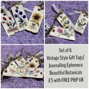 Pack of 6 Vintage Style Encouraging Ephemera Gift Tags/Journalling Botanicals Ephemera