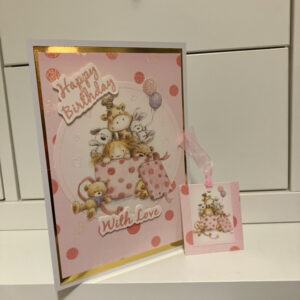 A5 Pink Toy Box Cuties Birthday Card with Co-ordinating Gift Tag and envelope