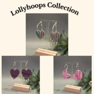 Lollyhoops Collection featuring handmade polymer clay heart hoop earrings in striped, marbled, and pink designs, displayed on silver hoops, lightweight joyful jewellery by a disabled UK maker.