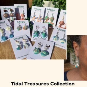 Tidal Treasures Collection featuring handmade polymer clay seaside earrings with shells, starfish, swirls, and faux pearls in pastel coastal colours, displayed as a full collection by Lollygag in Sheffield.
