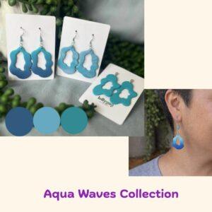 Aqua Waves Collection polymer clay earrings in layered blue tones, shown on display cards with colour palette and worn on a person’s ear, handmade by Lollygag in Sheffield.
