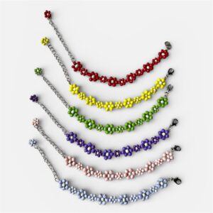 Handmade Petal Pulse Collection beaded flower bracelets in red, yellow, green, purple, blush pink and lavender, arranged on a clean white background with silver extension chains and lobster clasps.