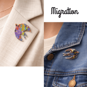 Handmade Migration bird brooches by Lollygag showing abstract swallow and swift designs worn on a cream blazer and a denim jacket, colourful resin polymer clay brooches inspired by movement and return.