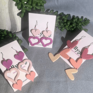 Handmade polymer clay heart earrings in pink, peach and blush tones, HeartPOP collection by Lollygag Gifts handmade in Sheffield