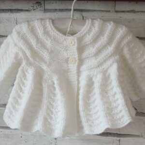 Handknitted white baby cardigan. Approx 0 to 3 months. All proceeds to The Stroke Association