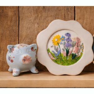 Wildflowers Embroidery in a pretty Ceramic Frame with appliqued leaves and scattered green seed beads