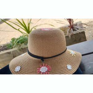 Hand embroidered Floral Faux Straw Hat, ladies headwear