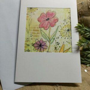 White smooth Blank Greeting Card with Watercolour Flowers and Brick Wall Design (Pink flower)