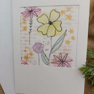 White linen textured Blank Greeting Card with Watercolour Flowers and Brick Wall Design (4 flowers, stars)