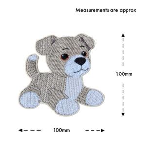 A textured knit-style embroidered felt puppy decoration shown with approximate measurements, measuring 100mm in height and 100mm in width.