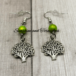 🌳✨ Tree of Life Dangle Earrings – Green Bead & Stainless Steel ✨🌳