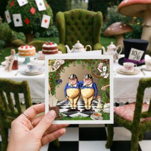 Tweedles card at tea party
